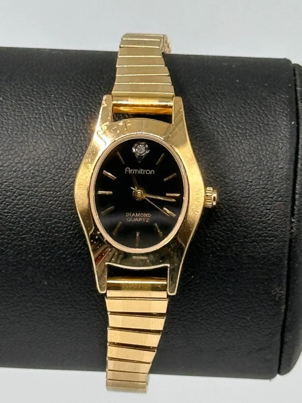 Armitron Watch Women Gold Tone Black Oval Dial Stretch Band New Battery 6